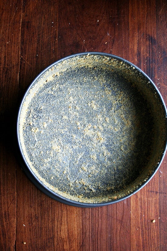 The crumb-coated pan ready for the cheesecake batter. 