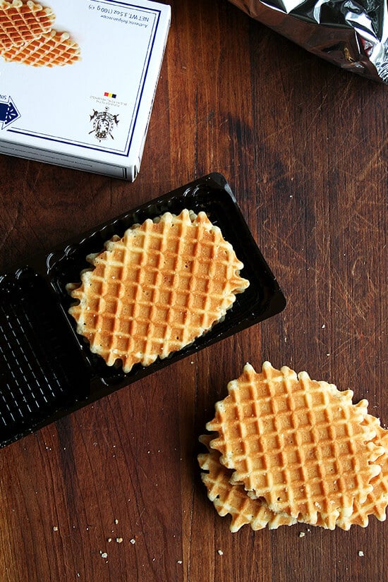 A box of opened Jules Destrooper cookies, opened.