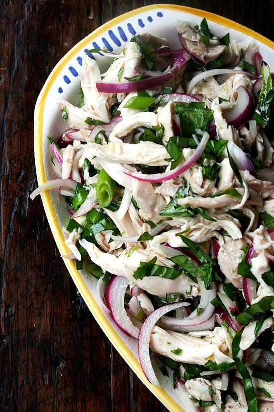 This no-mayo chicken salad is made with a simple dressing of olive oil and vinegar with big, plump pieces of chicken, lots of herbs, and a nice bite in the dressing. It's another nice no-mayo salad to serve at a summer gathering or to bring to a potluck. And there's only one thing to keep in mind while making it: less is not more. Don't be afraid to heap on those herbs. // alexandracooks.com This no-mayo chicken salad is made with a simple dressing of olive oil and vinegar with big, plump pieces of chicken, lots of herbs, and a nice bite in the dressing. It's another nice no-mayo salad to serve at a summer gathering or to bring to a potluck. And there's only one thing to keep in mind while making it: less is not more. Don't be afraid to heap on those herbs. // alexandracooks.com