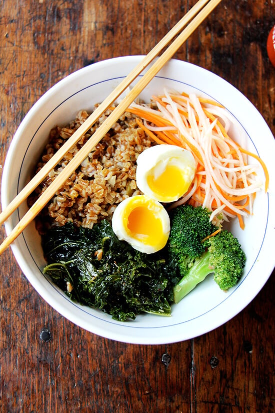 Clearing the fridge of leftovers always feels like a feat. But this, this leftover grain bowl with teriyaki sauce, quick-pickled carrots and daikon, and soft-boiled eggs, felt like a triumph. // alexandracooks.com Clearing the fridge of leftovers always feels like a feat. But this, this leftover grain bowl with teriyaki sauce, quick-pickled carrots and daikon, and soft-boiled eggs, felt like a triumph. // alexandracooks.com