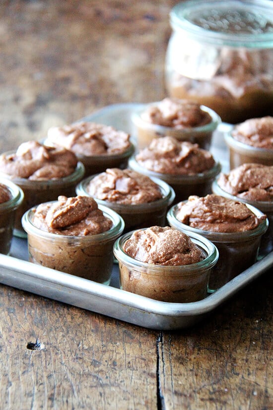 Chocolate mousse is a great make-ahead recipe if you plan on spending Valentine's Day at home, and, Valentine's Day calls for chocolate, right? This recipe doesn't just taste like chocolate-flavored whipped cream. It has body with a lightness coming exclusively from beaten egg whites. // alexandracooks.com Chocolate mousse in small glass Weck jars.