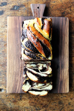 An overhead shot of orange-chocolate babka.