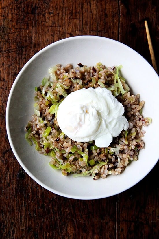 This recipe for ginger-fried rice is a simple process with a modest ingredient list made from many pantry staples. And the genius of this recipe is that you don't need day-old rice. Whereas in traditional fried rice, crunch is provided by browning day-old rice, here crunch comes by way of ginger and garlic that have been crisped in oil and reserved for sprinkling overtop at the end. // alexandracooks.com This recipe for ginger-fried rice is a simple process with a modest ingredient list made from many pantry staples. And the genius of this recipe is that you don't need day-old rice. Whereas in traditional fried rice, crunch is provided by browning day-old rice, here crunch comes by way of ginger and garlic that have been crisped in oil and reserved for sprinkling overtop at the end. // alexandracooks.com