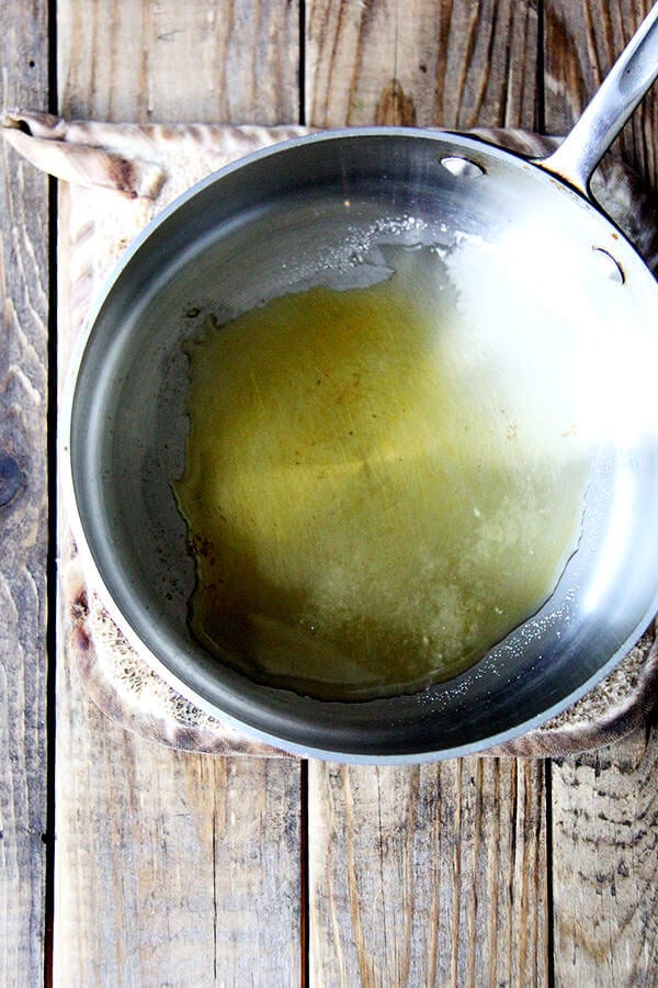 Hot sugar in a saucepan.