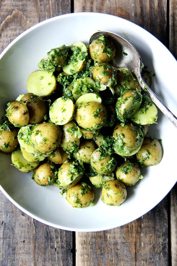 The green harissa on these new potatoes is a vegan, gluten-, dairy- and nut-free recipe capable of basking on a sun-strewn buffet table for hours. The upshot of puréeing herbs with garlic, olive oil and some sort of acid is a sharp, vibrant sauce fit for dressing up any boiled root vegetable, uniting disparate ingredients in a grain bowl, or drizzling over roast chicken or grilled fish. // alexandracooks.com The green harissa on these new potatoes is a vegan, gluten-, dairy- and nut-free recipe capable of basking on a sun-strewn buffet table for hours. The upshot of puréeing herbs with garlic, olive oil and some sort of acid is a sharp, vibrant sauce fit for dressing up any boiled root vegetable, uniting disparate ingredients in a grain bowl, or drizzling over roast chicken or grilled fish. // alexandracooks.com