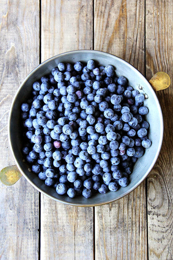 A pie plate filled with blueberries — step 1 for the blueberry cobbler recipe.