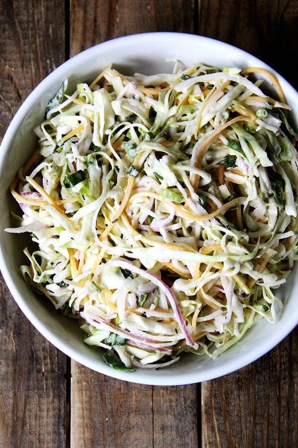 This is my favorite recipe for buttermilk dressing, which I love for slaw — so much lighter than mayonnaise-based dressings, and delicious, too: vinegar, Worcestershire, and hot sauce give it a nice kick/bite. To put it all together, I used cabbage, basil, cilantro, scallions, and two turnips as well as a couple of carrots. // alexandracooks.com This is my favorite recipe for buttermilk dressing, which I love for slaw — so much lighter than mayonnaise-based dressings, and delicious, too: vinegar, Worcestershire, and hot sauce give it a nice kick/bite. To put it all together, I used cabbage, basil, cilantro, scallions, and two turnips as well as a couple of carrots. // alexandracooks.com