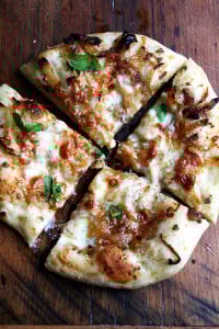 caramelized onion, burrata pizza