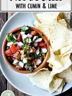 A plate of chips and salsa.