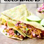 Sweet potato quesadillas on a board.