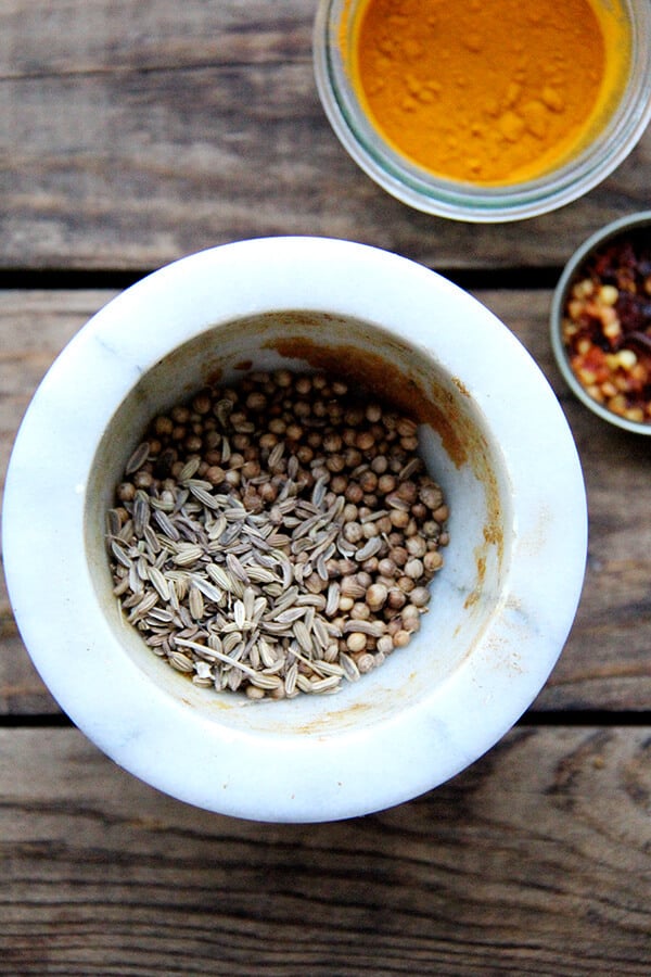 cumin, coriander, fennel, turmeric, crushed red pepper