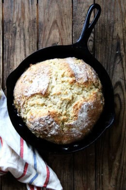 a cast iron skillet with Irish soda bread