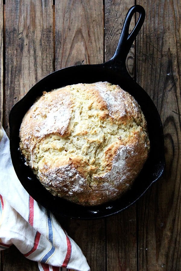 a cast iron skillet with Irish soda bread
