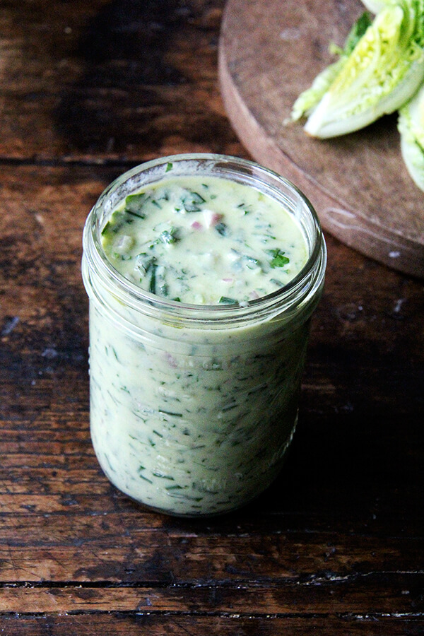 This green goddess dressing defies convention, omitting mayonnaise and sour cream in favor of olive oil and heavy cream (just a little). Many herbs can be used, but I love it when the predominant flavor is tarragon. // alexandracooks.com This green goddess dressing defies convention, omitting mayonnaise and sour cream in favor of olive oil and heavy cream (just a little). Many herbs can be used, but I love it when the predominant flavor is tarragon. // alexandracooks.com