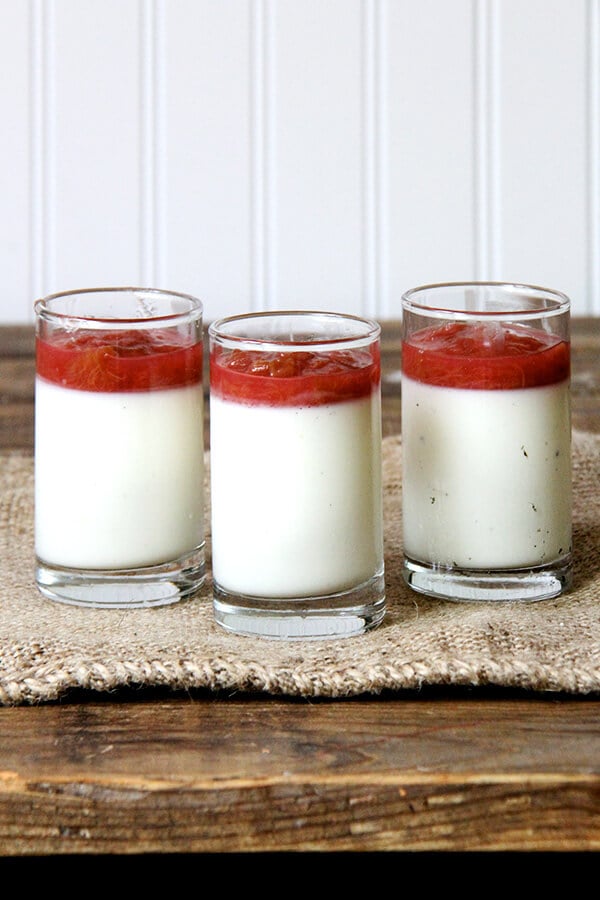 This rhubarb compote is delicious and easy and light (tasting, at least). It also found purpose for the rhubarb I had picked up last week: a sweet-tart lemony compote, a perfect spring lily-gilding condiment. // alexandracooks.com Three glasses of buttermilk panna cotta topped with rhubarb compote.