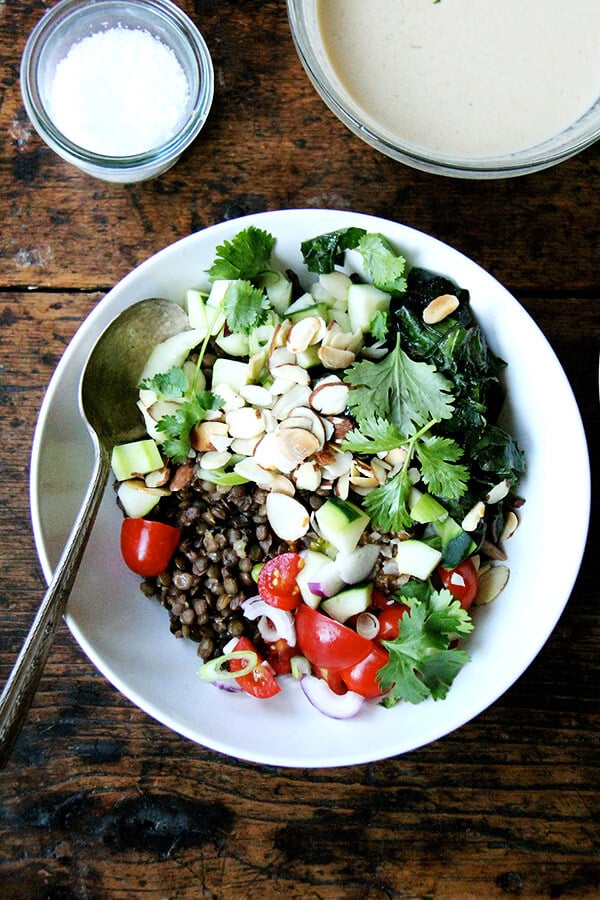 I can't seem to get enough of this bulgar bowl: a mix of bulgur and lentils, chopped cucumbers and tomatoes, toasted almonds, cilantro, and a lemon-tahini dressing. When you have some of the components prepared ahead of time, the assembly happens quickly! // alexandracooks.com I can't seem to get enough of this bulgar bowl: a mix of bulgur and lentils, chopped cucumbers and tomatoes, toasted almonds, cilantro, and a lemon-tahini dressing. When you have some of the components prepared ahead of time, the assembly happens quickly! // alexandracooks.com