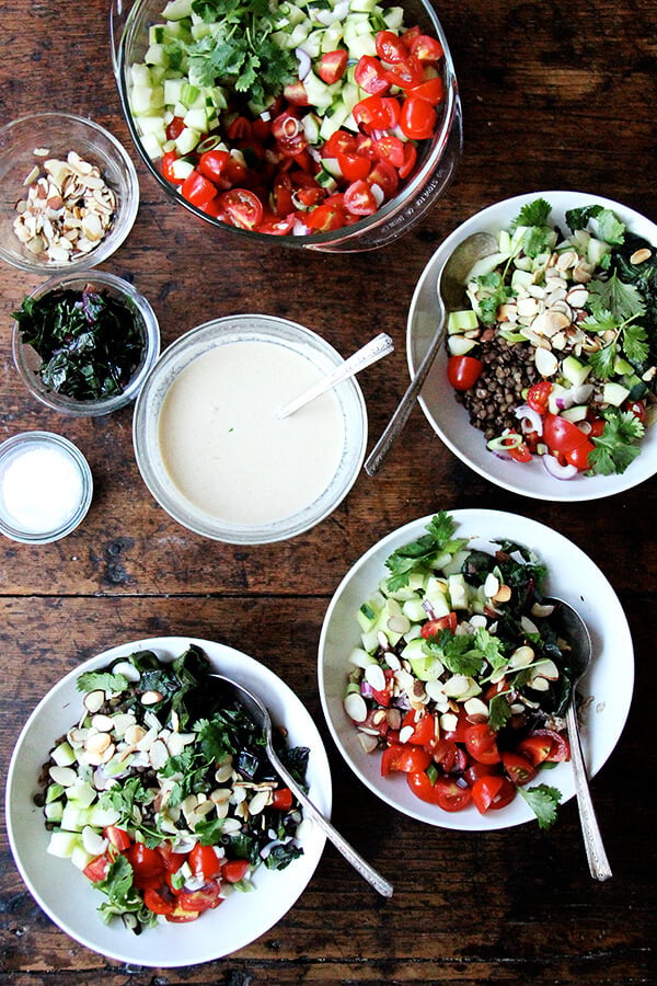 I can't seem to get enough of this bulgar bowl: a mix of bulgur and lentils, chopped cucumbers and tomatoes, toasted almonds, cilantro, and a lemon-tahini dressing. When you have some of the components prepared ahead of time, the assembly happens quickly! // alexandracooks.com dinnerI can't seem to get enough of this bulgar bowl: a mix of bulgur and lentils, chopped cucumbers and tomatoes, toasted almonds, cilantro, and a lemon-tahini dressing. When you have some of the components prepared ahead of time, the assembly happens quickly! // alexandracooks.com