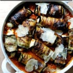 A baking dish filled with eggplant involtini.