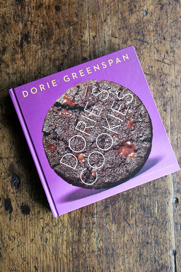 A cookbook, Dorie's Cookies, on a table. 