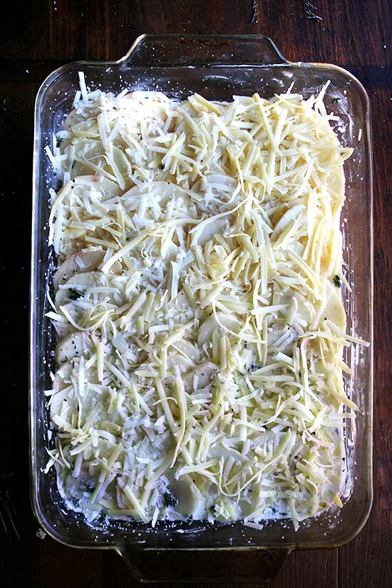 Potato gratin topped with two cheeses. 