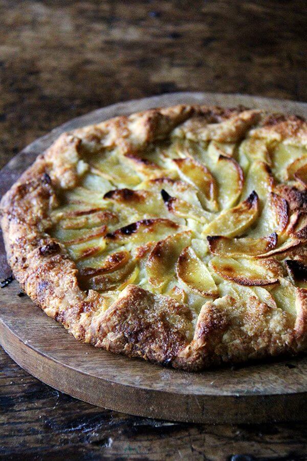Apple-frangipane galette on a serving board.