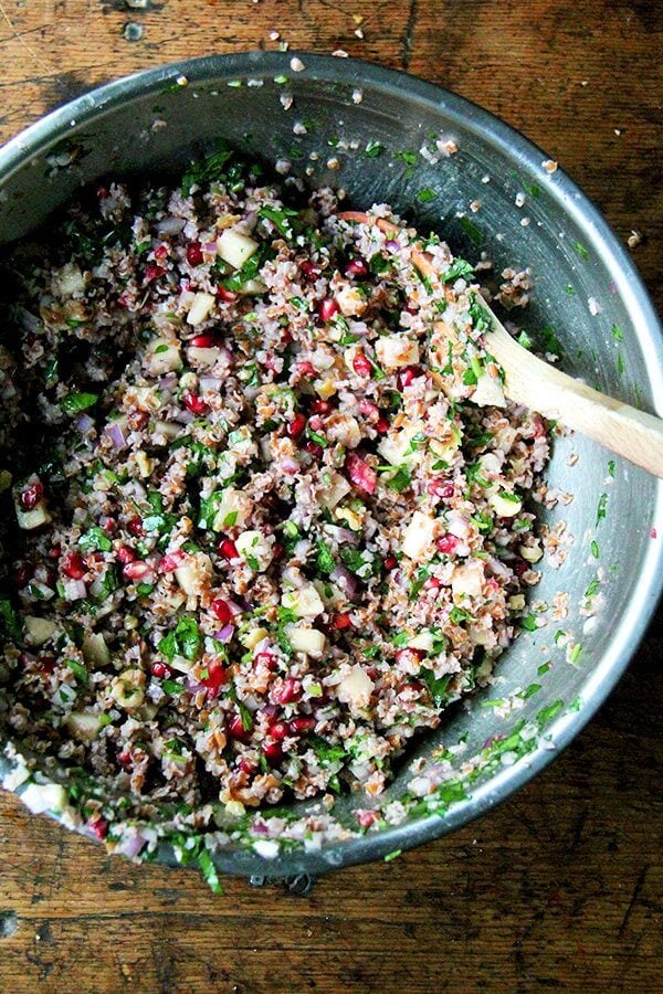This fall tabbouleh is so refreshing and includes pomegranates, apple, and walnuts. What's more, no cooking is required — bulgur simply needs to be soaked in cold water for about an hour. // alexandracooks.com This fall tabbouleh is so refreshing and includes pomegranates, apple, and walnuts. What's more, no cooking is required — bulgur simply needs to be soaked in cold water for about an hour. // alexandracooks.com