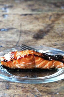A plate of ginger-soy broiled salmon.