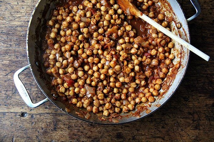 A sauté pan with chickpea taco filling.