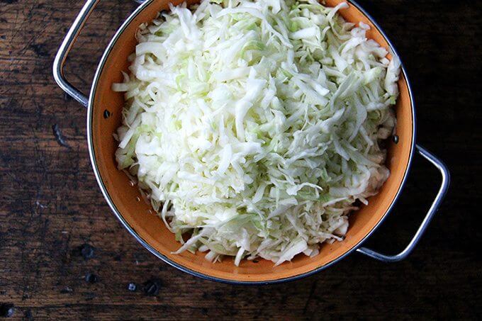 Cabbage in a colander.