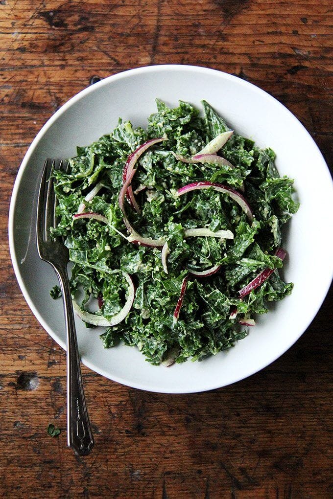In this kale Cesar salad, the dressing is light and lemony and the kale itself is extremely soft and tender. It's also vegan, the dressing made with vegannaise and vegan Worcestershire. The combination of curly kale, massaged till tender, quick-pickled onions, and toasted pumpkin seeds, which add so much texture and flavor, is so good. I think this is one you have to taste to believe. // alexandracooks.com In this kale Cesar salad, the dressing is light and lemony and the kale itself is extremely soft and tender. It's also vegan, the dressing made with vegannaise and vegan Worcestershire. The combination of curly kale, massaged till tender, quick-pickled onions, and toasted pumpkin seeds, which add so much texture and flavor, is so good. I think this is one you have to taste to believe. // alexandracooks.com