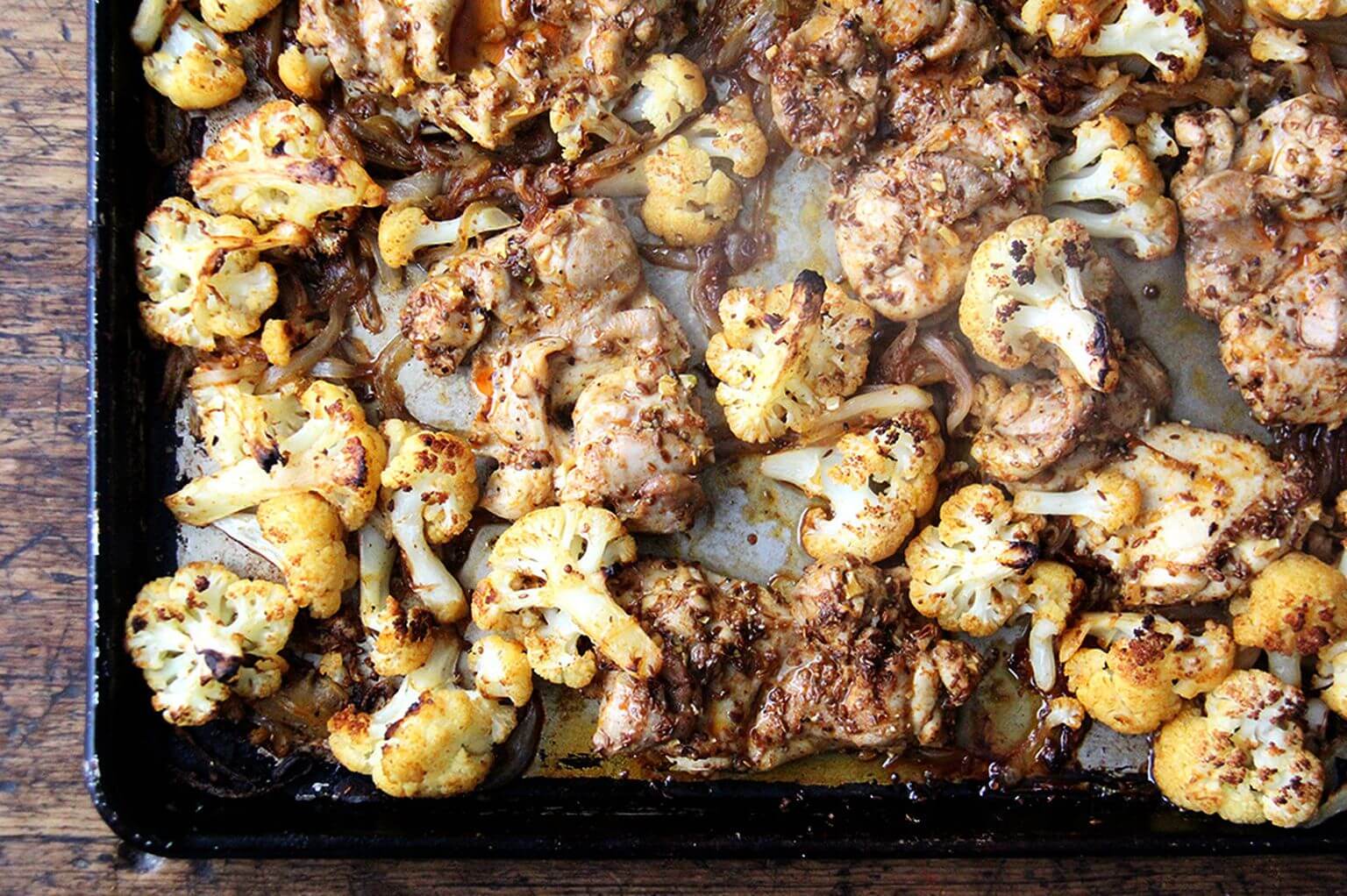 A sheet pan of chicken and cauliflower shawarma.