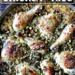 One-pot Moroccan chicken and rice with dates, pistachios, and harissa in a pot.