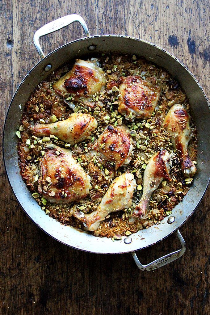This Moroccan chicken and rice with dates, harissa and pistachios a mix of sweet and spicy, smoky and crunchy, and best of all it couldn't be simpler to prepare. // alexandracooks.com Just-baked one-pot Moroccan chicken and rice with dates, orange, and pistachios.