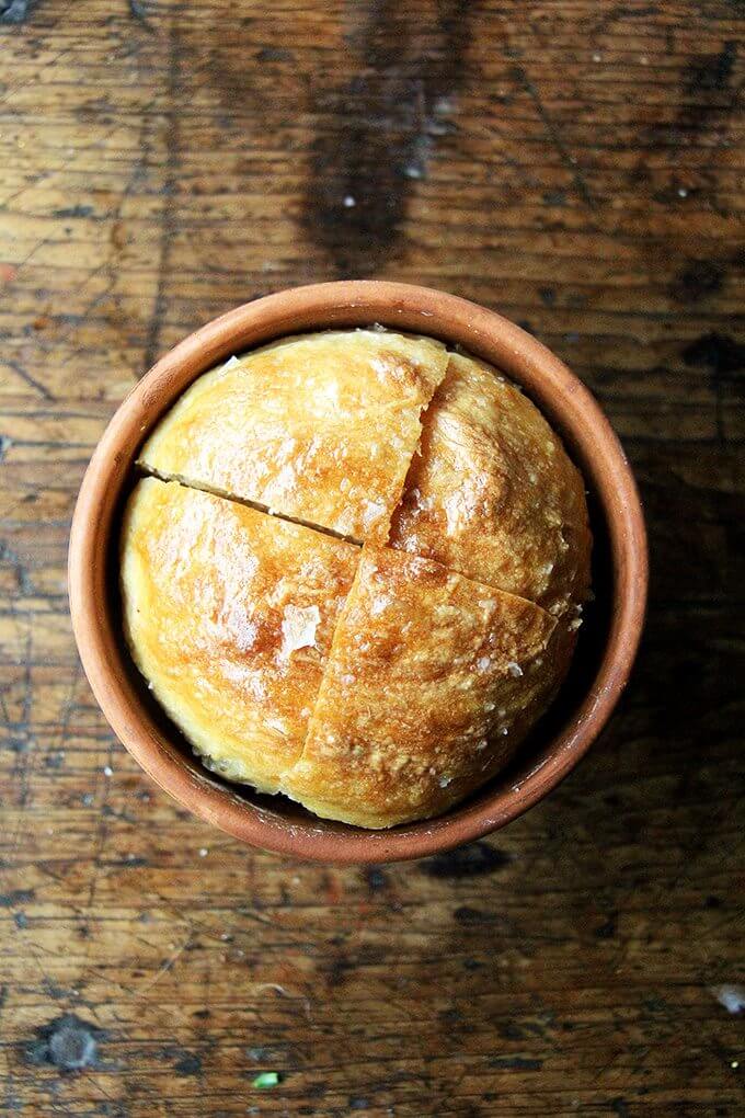 Bread baked in a flowerpot. Brushed with butter, sprinkled with sea salt, does anything say, "I love you Mom!" more than this flower pot bread? // alexandracooks.com Bread baked in a flowerpot. Brushed with butter, sprinkled with sea salt, does anything say, "I love you Mom!" more than this flower pot bread? // alexandracooks.com