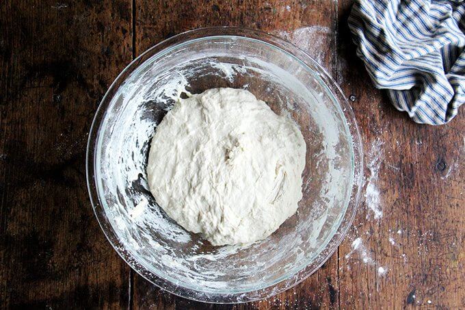 A bowl holding just-mixed pizza dough.