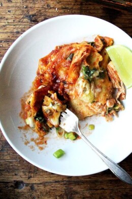 A bowl of no-fuss, easy, chicken enchilada casserole.