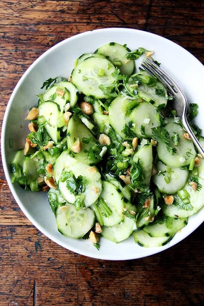 With fresh herbs like cilantro and mint straight from the garden, this delicious Vietnamese cucumber salad comes together easily and in a snap. Yum. // alexandracooks.com A bowl of Vietnamese cucumber salad.
