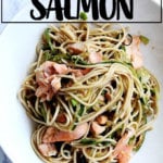 A bowl of soba noodles with ginger-sesame salmon.