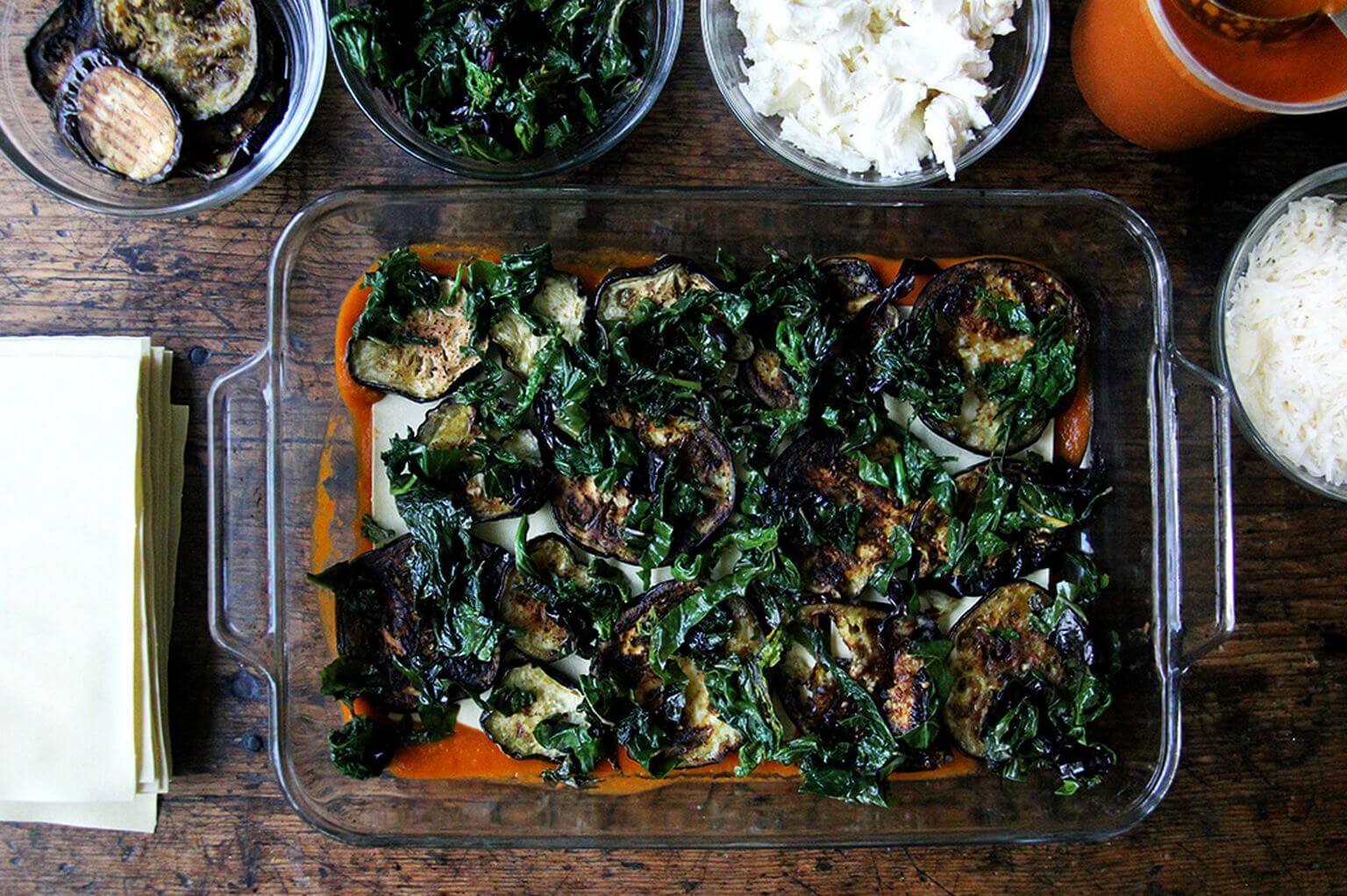A layer of vegetables in roasted eggplant Swiss chard lasagna