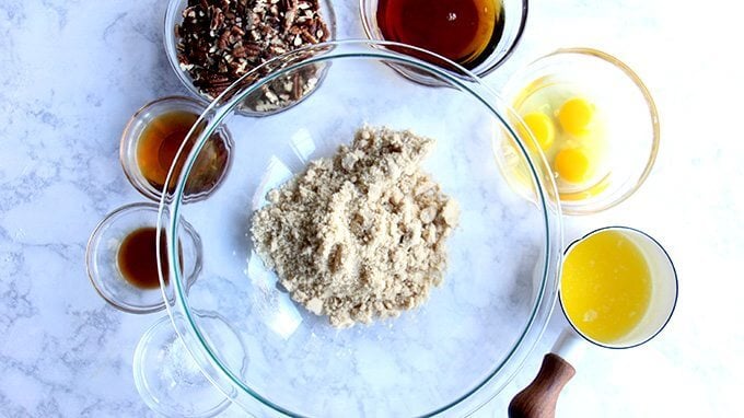 Ingredients for bourbon pecan pie.