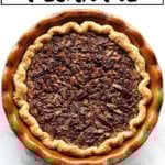 An overhead shot of a no corn syrup bourbon pecan pie.
