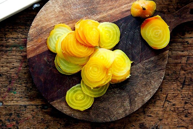 Sliced, cooked beets.