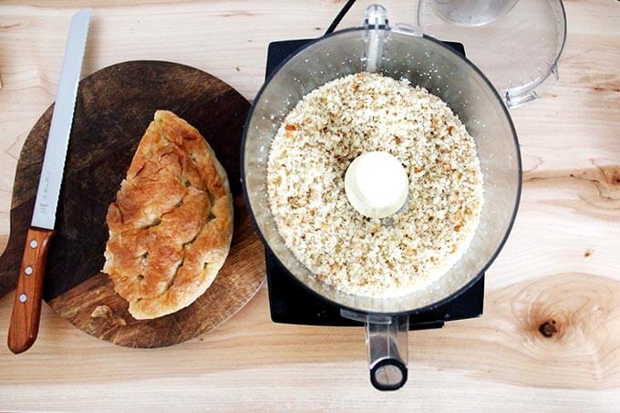 Whizzed bread into bread crumbs in a food processor.