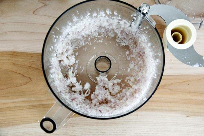 Whizzed shallots in a food processor.