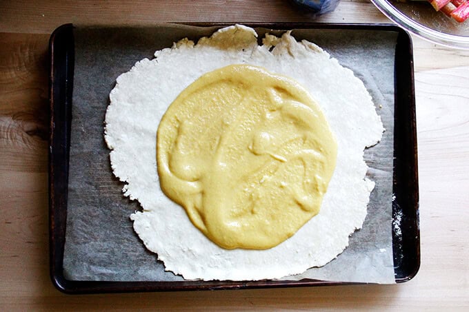 Frangipane spread onto rolled out pastry dough.