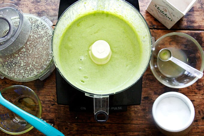 A food processor with homemade ramp aioli.