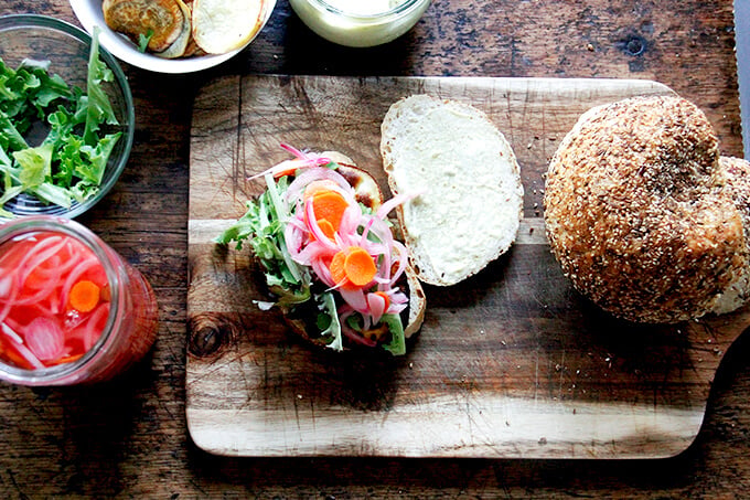 Overhead shot of open-face sweet potato sandwiches.