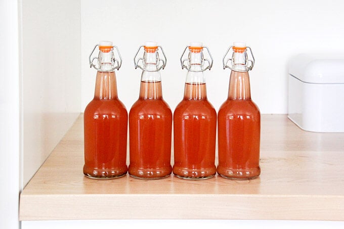 Four bottles of rhubarb schnapps.