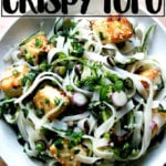 A bowl of rice noodles with crispy tofu.