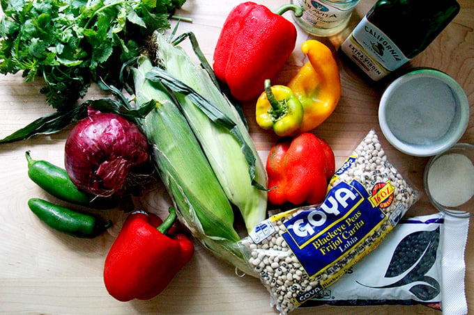 Ingredients for Texas caviar on the counter.